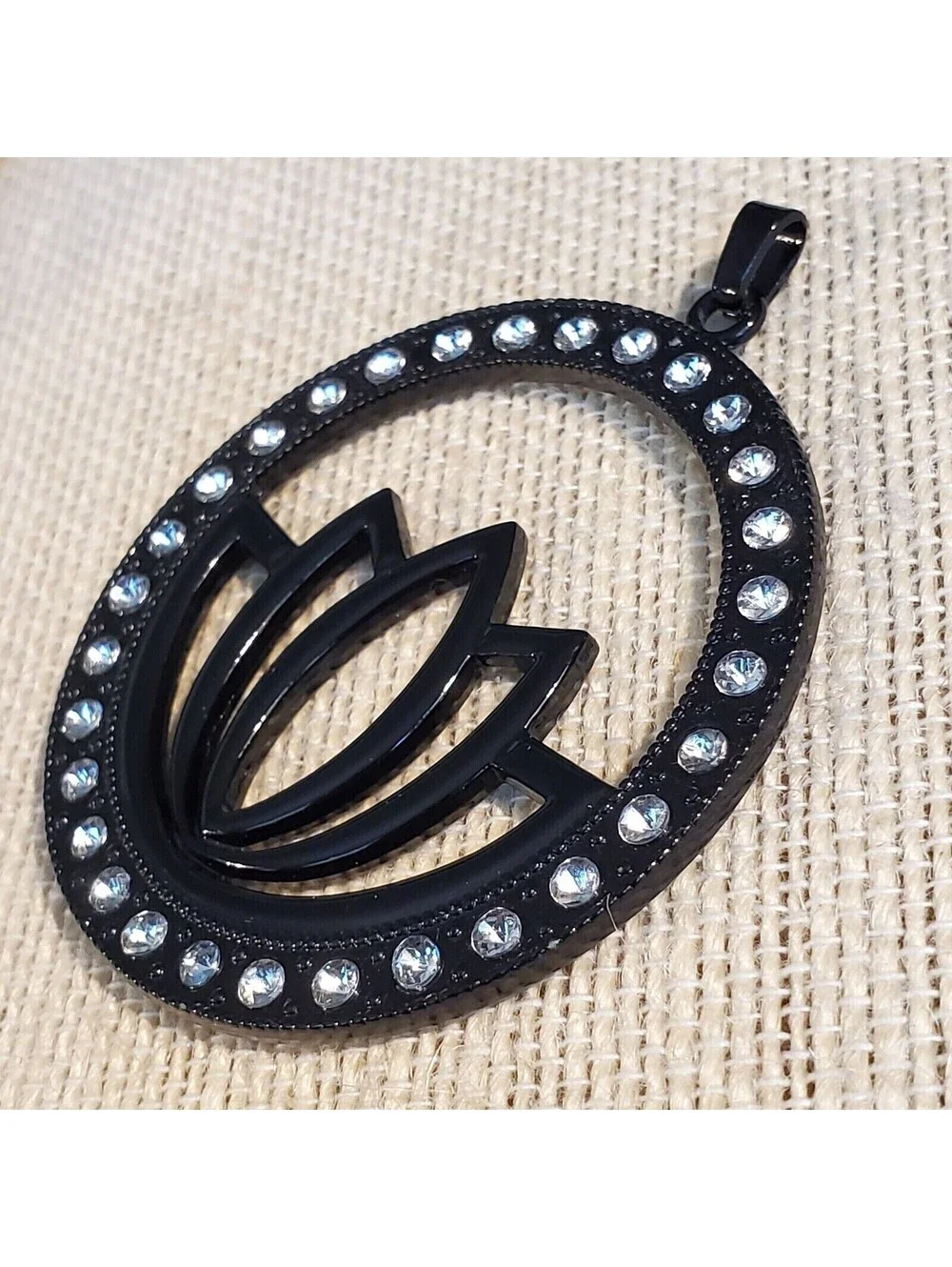 Art Deco Black Lacquer Lotus Flower Yoga Zen Large 63x54mm Crystal Pendant